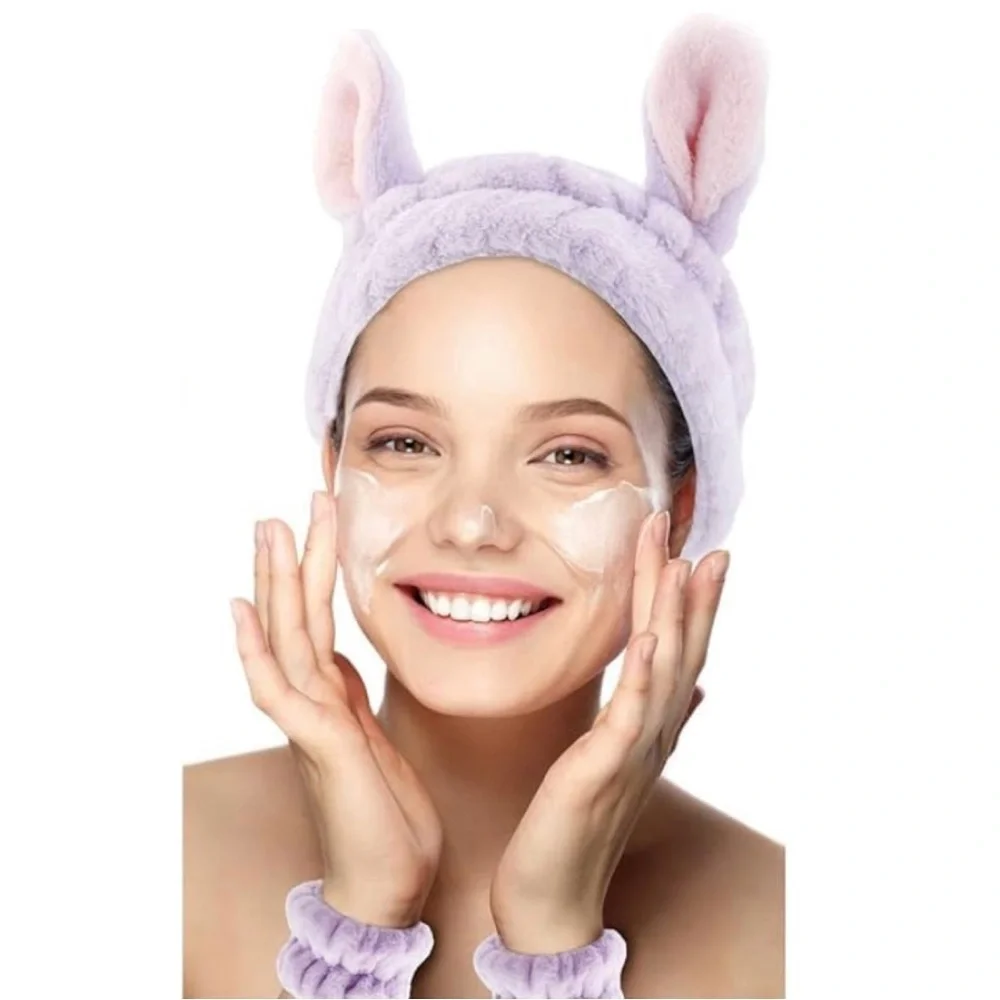 Pink Bunny Ear Spa Headband & Wristbands Set Face Washing Skincare Makeup, [New]